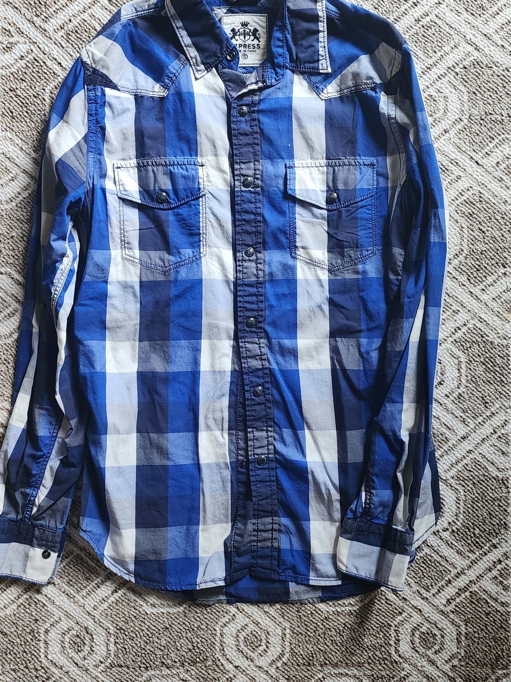 Express Men’s Blue and White Plaid Button-Down Shirt